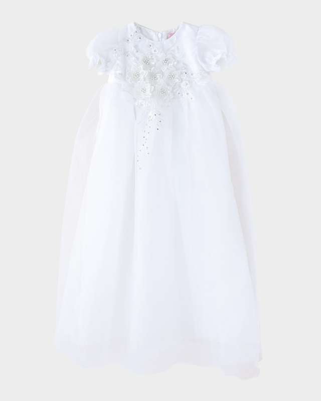 Girl's Belle Floral Applique Organza Christening Gown, Size 0-12